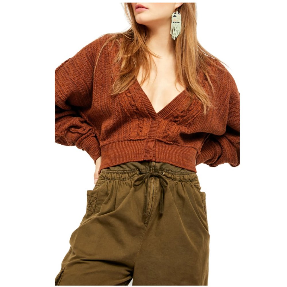 FREE PEOPLE Moon River Cropped Cardigan, Brown - Picture 4 of 10
